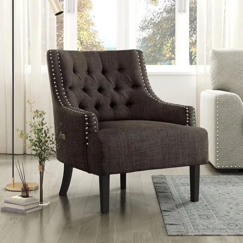 Vista 13 de Lexicon Silla decorativa de lectura, cómoda para dormitorio, sillón tapizado con marco de madera maciza, ribete de cabeza de uñas copetudo, sofá