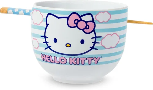 Vista 106 de Silver Buffalo Sanrio Hello Kitty Flowers, cuenco de ramen con palillos Patrón de flores de Hello Kitty