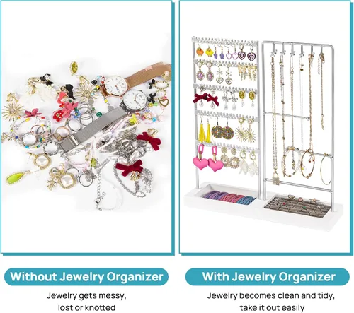 Vista 6 de Vtopmart Organizador de aretes, 5 niveles, organizador de aretes para venta, organizador de joyas con 90 agujeros, plateado y blanco
