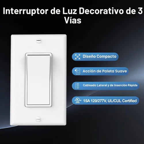 Vista 2 de ThunderWay - Interruptor de luz para decoración de 3 vías con placas de pared, 15 A 120/277 V, interruptores basculantes de pared Decora de tres