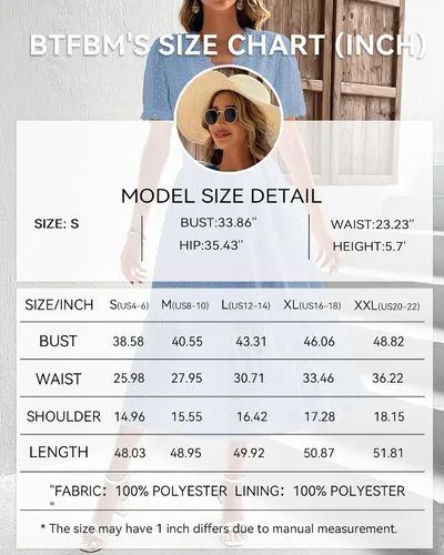 Vista 6 de BTFBM Vestido midi bohemio de verano para mujer, manga corta, cuello en V, lunares suizos, cinturón, cintura alta, volantes, escalonado, vestido