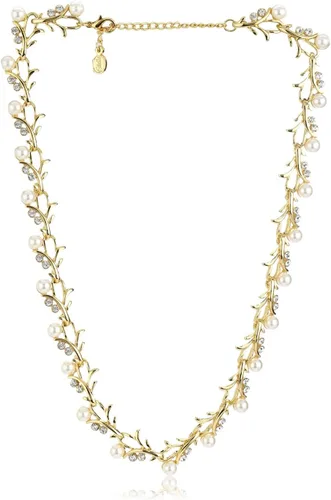 Vista 4 de Slaksworld Exquisito juego de collar de perlas blancas y circonitas cúbicas bañadas en tono dorado con aretes para mujeres y niñas. El juego