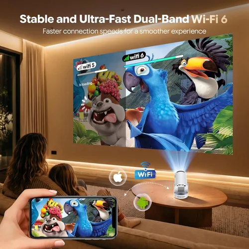 Vista 13 de Mini proyector con WiFi y Bluetooth, aplicaciones integradas, Keystone automático, rotación de 180°, soporte de 1080P/4K, proyector portátil Blanco