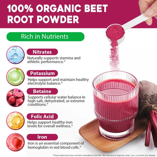 Vista 2 de Polvo de raíz de remolacha, mezcla de bebida en polvo de remolacha para batidos, hornear y jugo, impulso de energía natural, prensado en frío
