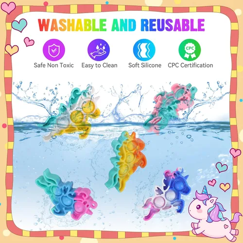 Vista 3 de Recuerdos de fiesta de unicornio para niños, bolsas de regalo, juguetes para ansiedad a granel, paquete de 32 juguetes de unicornio, rellenos