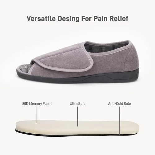 Vista 2 de Pantuflas para diabéticos con punta abierta para hombres, extra anchas, espuma viscoelástica, puntera abierta, antideslizantes, para personas