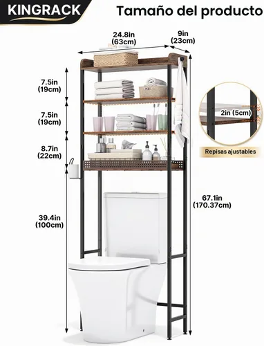 Vista 10 de KINGRACK Estante de baño de 4 niveles sobre el inodoro, almacenamiento Marrón