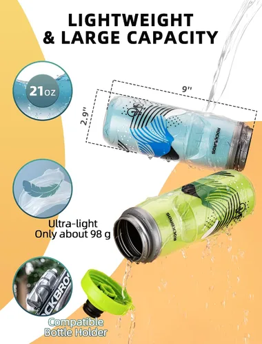 Vista 5 de ROCKBROS Botella de agua para bicicleta de 21 onzas, botella de agua para bicicleta para 5 horas de aislamiento, botella de agua deportiva Negro