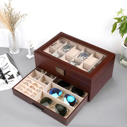Vista 7 de Voova Joyero organizador de cajas de reloj para hombres y mujeres 2 capas grandes de 12 ranuras de piel sintética estuche de almacenamiento