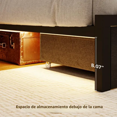 Vista 4 de DOGIBIXO - Marco de cama de tamaño matrimonial color negro con 4 almacenamientos, base de cama tapizada de terciopelo con cabecero capitoné