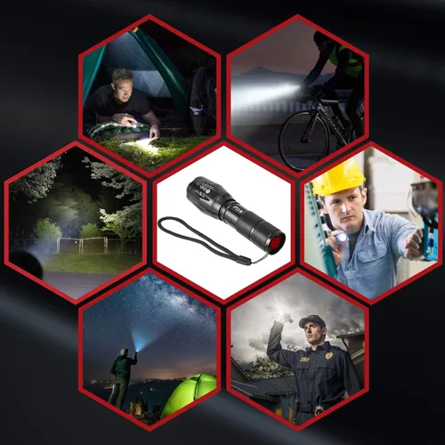 Vista 7 de PeakPlus Linterna táctica con luz led ultrabrillante con enfoque ajustable y función de zoom, con 5 modos, resistente al agua, con batería de ion
