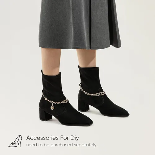Vista 6 de 7or9 Botines de tacón medio para mujer con suela de lengüeta Chelsea Fashion Go Go Botas hasta la rodilla Botas de tacón grueso de lana - Negro