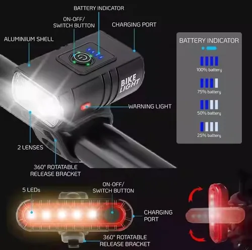 Vista 4 de Juego de luces de bicicleta recargables USB delanteras y traseras Luces de bicicleta impermeables superbrillantes Faro LED y luz trasera