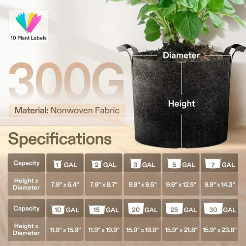 Vista 9 de VIVOSUN - Paquete de 5, 1 galón, bolsas para cultivar de tela no tejida gruesa resistente con asas Negro