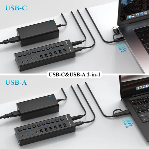 Vista 7 de Concentrador USB con alimentación, concentrador USB C de 10 puertos con 6 USB-A 3.2, 4 puertos USB-C 3.2, interruptores individuales y adaptador