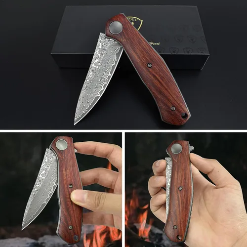 Vista 9 de Cuchillo de bolsillo plegable de Damasco AUBEY hecho a mano con clip para hombres, cuchillo de caza de Damasco EDC con bloqueo de vástago para Mango