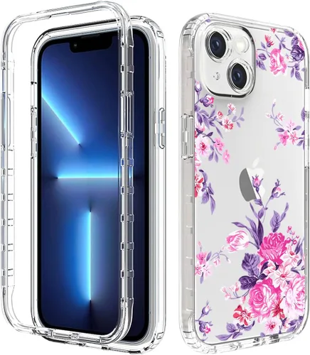 Vista 7 de Funda para iPhone 14 Plus con protector de pantalla de vidrio templado, cuerpo completo transparente floral TPU delgado funda protectora para Apple