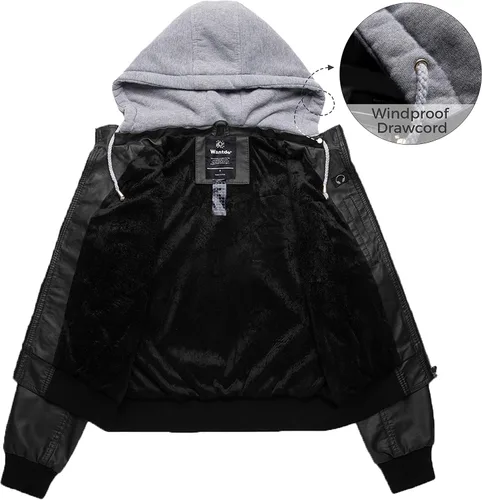 Vista 3 de wantdo Chaqueta de cuero ligera para mujer, estilo casual, con capucha extraíble