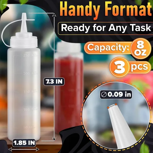 Vista 2 de Paquete de 3 botellas de plástico para condimentos de 8 onzas, botellas recargables para chorros con punta estrecha, resistentes a fugas, ideales