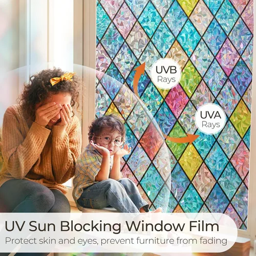 Vista 4 de Lámina de privacidad para ventana Windimiley con diseño de vidrio manchado: adhesivo estático decorativo floral 3D arcoíris con control de calor