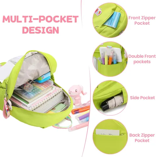 Vista 4 de AUOBAG Mochilas Kawaii para niñas, mochila con colgante gratuito incluido, perfecto para niños de escuela primaria, Verde, Mochilas tradicionales