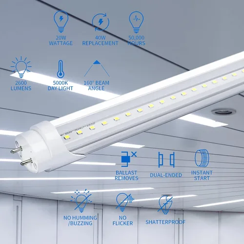 Vista 3 de Paquete de 25 bombillas LED T8 de tubo de 4 pies, luz LED de tienda, garaje y almacén de 4 pies, 20 W, 5000 K, 2600 lúmenes, blanco luz diurna