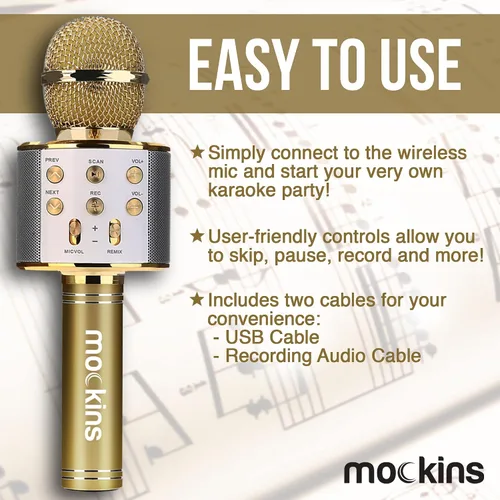 Vista 7 de Mockins Micrófono de karaoke Bluetooth dorado para niños con micrófono Bluetooth integrado, altavoz inalámbrico para karaoke compatible con iPhone