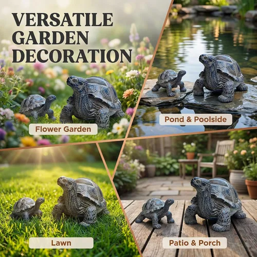 Vista 5 de Estatua de tortuga para exteriores, 2 piezas, estatua de jardín de tortuga, decoración al aire libre, escultura, decoración de resina, patio