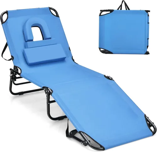 Vista 8 de GYMAX Silla de bronceado, silla de playa de 350 libras con agujero para la cara, almohada lavable y correa de transporte, tumbona plegable