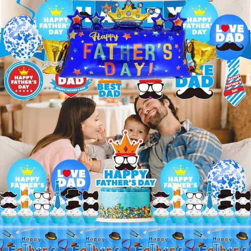 Vista 5 de Decoraciones de fiesta del día del padre, juego de suministros para fiesta del día del padre, incluyendo pancarta, remolinos colgantes, globos