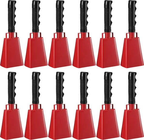 Vista 9 de Pelopy 12 campanas de vaca grandes de 9 pulgadas con mango para eventos deportivos, cencerros de percusión de mano, campanas de campana de animación