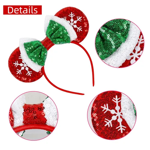 Vista 7 de WOVOWOVO Diademas de orejas de ratón de Navidad para mujeres y niñas, decoración de lazo con lentejuelas rojas y diadema de copo de nieve blanco