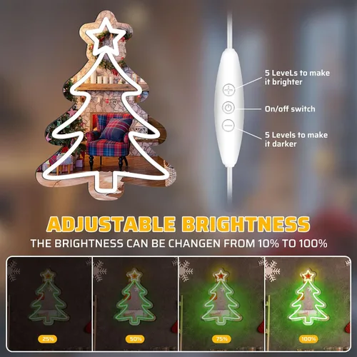 Vista 5 de Espejo de árbol de Navidad de 16 x 12 pulgadas, letrero LED de neón acrílico alimentado por USB, perfecto para decoraciones de vacaciones, fiestas