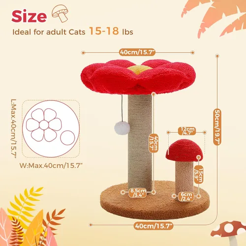 Vista 4 de PETEPELA Poste rascador para gatos, rascador para gatos en forma de hongo, bonita torre de árbol para gatos con poste rascador grueso y cama