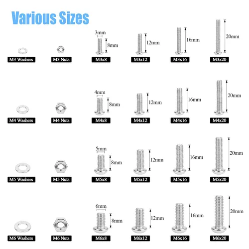 Vista 3 de DYWISHKEY 520 piezas M3 M4 M5 M6, 304 tornillos de cabeza hexagonal de acero inoxidable 304, tornillos, tuercas, arandelas, kit surtido con llaves