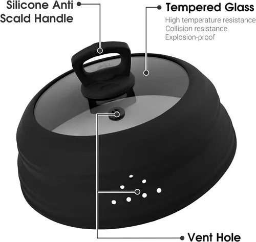 Vista 4 de Cubierta de vidrio para salpicaduras de microondas de 10.5 pulgadas, cubierta de microondas para alimentos con asa, cubierta plegable de silicona