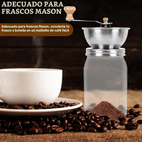 Vista 3 de Molinillo de café con mango de manivela, accesorio de tapa manual para tarros Mason de boca ancha, molinillo de granos de café a mano, molinillo