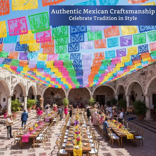 Vista 6 de Pancartas de fiesta mexicana (paquete de 5 con 10 banderas de plástico por bandera), papel picado mexicano para fiesta, papel picado de plástico