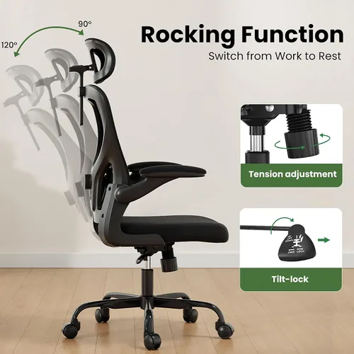 Vista 5 de Silla de oficina ergonómica negra y silla de escritorio de respaldo alto con soporte lumbar ajustable, cómodas sillas de juegos de computadora