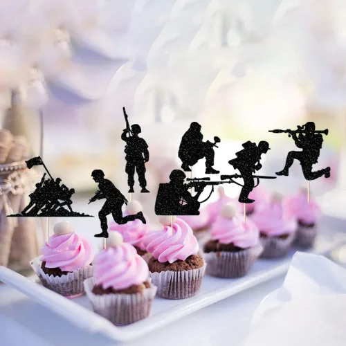 Vista 5 de Decoración para tartas de soldado con temática militar, 12 vasos de papel con purpurina negra, Día del soldado, veteranos, cumpleaños de hombres