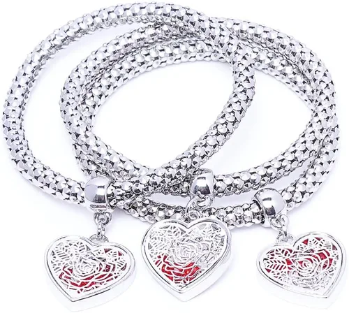 Vista 17 de SILANER Pulseras multicapa con dijes de cristal, 3 pulseras de cadena de maíz de oro/plata/oro rosa para mujer, pulsera elástica en forma de corazón