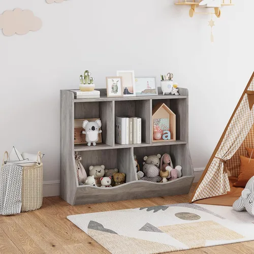 Vista 5 de IDEALHOUSE Estantería y estantería para niños, estante de almacenamiento de juguetes, estante múltiple con organizador de cubículos para niños y Gris