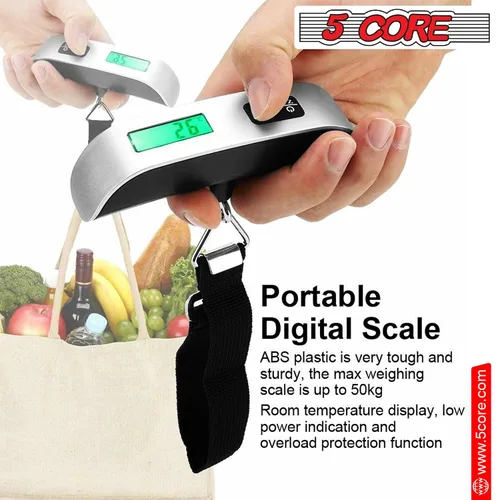 Vista 2 de 5 Core LSS-004 - Báscula digital para equipaje, pantalla LCD con retroiluminación y escala de equipaje con capacidad de 110 libras, báscula colgante