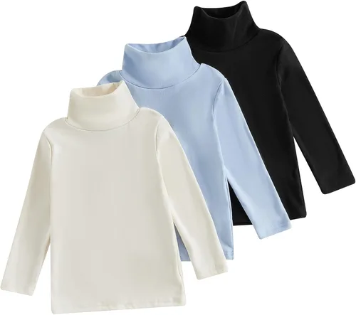 Vista 10 de Camiseta casual de manga larga con cuello alto para niñas, blusa básica de color sólido para niñas de 1 a 8 años Paquete de 3 - negro+rosa+gris