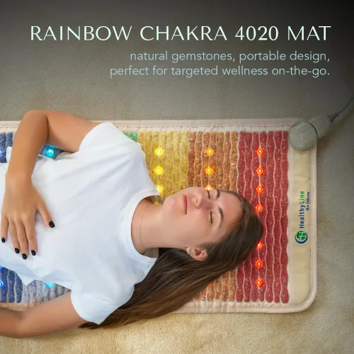 Vista 3 de HealthyLine Alfombrilla de chakra arcoíris – Reiki mejorado, yoga y masaje – Almohadilla térmica eléctrica de piedras preciosas con iones negativos