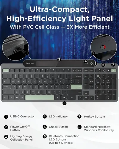 Vista 5 de Lenovo 800 Teclado Bluetooth Autocargable, Utiliza Luz Ambiental para la Carga, Bluetooth 5.1, Soporta 3 Dispositivos, Sin Batería, Inalámbrico, Gris