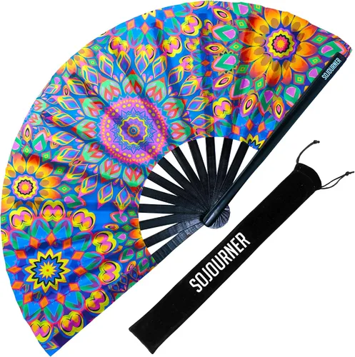 Vista 21 de SoJourner Bags Rave Fan – Abanico plegable grande – Abanico de mano Clack para raves, Halloween, Burlesque, atuendos arcoíris para mujeres