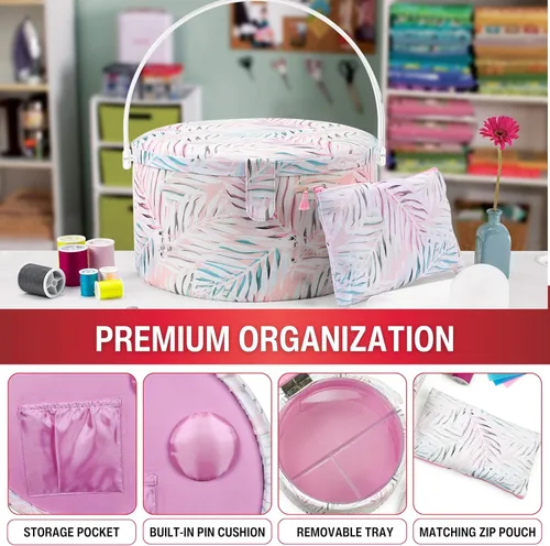 Vista 2 de SINGER Cesta de Costura Grande Redonda Premium con Bolsa de Cremallera a Juego y Kit de Costura de Emergencia 30% Más Volumen de Almacenamiento
