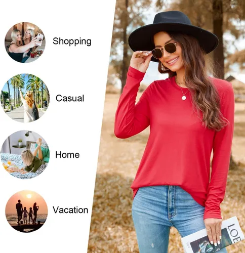 Vista 5 de HOTGIFT Camisetas de otoño e invierno para mujer, estilo casual, manga larga, cuello redondo, blusa holgada y cómoda