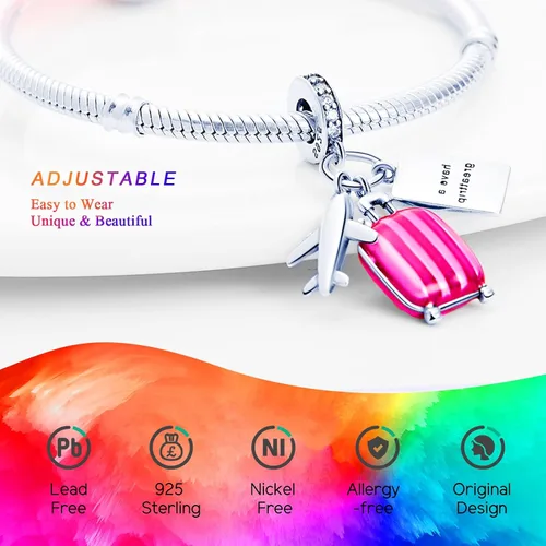 Vista 5 de NUJIFFY Cuentas de plata de ley 925 para pulseras y collares, cuentas de cristal para hermana de pasaporte de avión, pulseras de ángulo de corazón